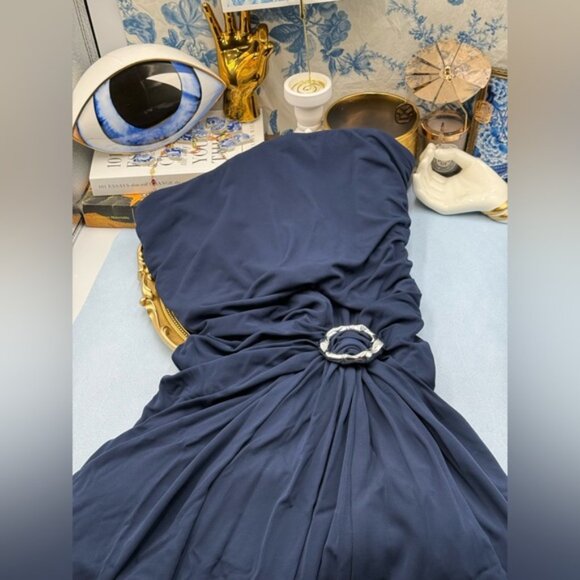 🆕 SIMKHAI 🧿 NWOT Emma Draped Jersey Bustier Midi Dress, Midnight Blue Sz US 8 - Picture 13 of 16